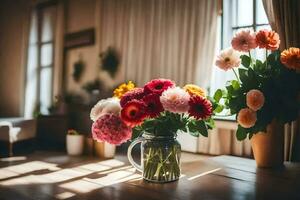 Blumen im ein Vase auf ein Tabelle im Vorderseite von ein Fenster. KI-generiert foto