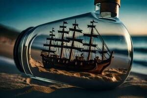 ein Schiff im ein Flasche auf das Strand. KI-generiert foto