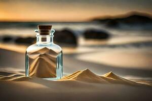 Botschaft im ein Flasche, Sand, Strand, Sand, Strand, Sand, Strand, Sand,. KI-generiert foto