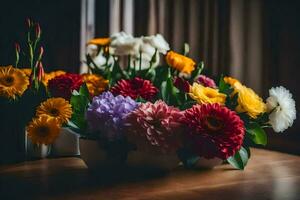 ein Strauß von Blumen auf ein Tisch. KI-generiert foto