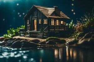 ein Miniatur Haus auf das Ufer von ein See beim Nacht. KI-generiert foto