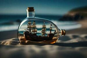 ein Schiff im ein Flasche auf das Strand. KI-generiert foto