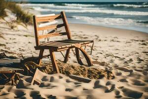 zwei hölzern Stühle auf das Strand in der Nähe von das Ozean. KI-generiert foto