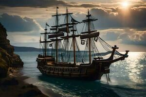ein Pirat Schiff ist angedockt auf das Strand. KI-generiert foto