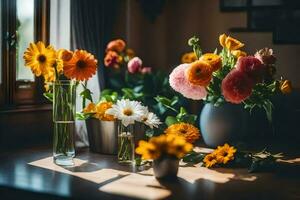 Blumen im Vasen auf ein Tisch. KI-generiert foto