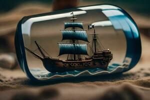 ein Schiff im ein Flasche auf ein Strand. KI-generiert foto