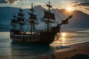 ein Pirat Schiff ist angedockt beim das Strand beim Sonnenuntergang. KI-generiert foto