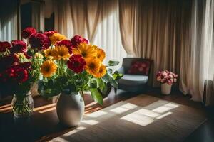 ein Vase von Blumen sitzt auf ein Tabelle im Vorderseite von ein Fenster. KI-generiert foto