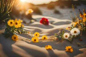 Blumen im das Wüste beim Sonnenuntergang. KI-generiert foto