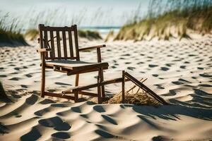 ein Stuhl sitzt auf das Sand in der Nähe von das Ozean. KI-generiert foto