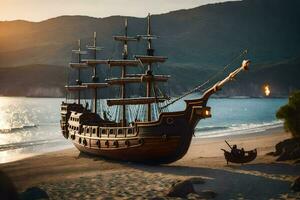 ein Pirat Schiff auf das Strand. KI-generiert foto