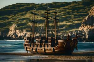 ein Pirat Schiff auf das Strand in der Nähe von ein felsig Cliff. KI-generiert foto