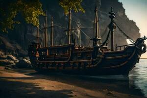 ein Pirat Schiff ist Sitzung auf das Ufer. KI-generiert foto