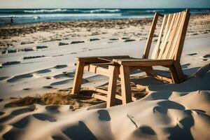 ein hölzern Stuhl sitzt auf das Sand beim das Strand. KI-generiert foto