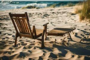 ein hölzern Stuhl sitzt auf das Sand in der Nähe von das Ozean. KI-generiert foto