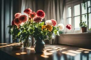 Blumen im Vasen auf ein Tabelle im Vorderseite von ein Fenster. KI-generiert foto