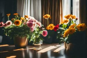 Blumen im Vasen auf ein Tabelle im Vorderseite von ein Fenster. KI-generiert foto