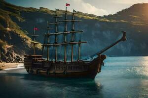 ein Pirat Schiff im das Ozean. KI-generiert foto