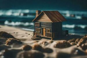 ein Miniatur Haus auf das Strand. KI-generiert foto