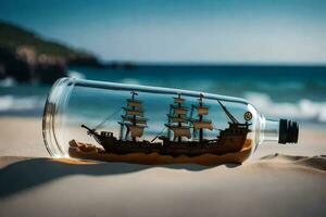 ein Schiff im ein Flasche auf das Strand. KI-generiert foto