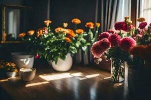 Blumen im Vasen auf ein Tabelle im Vorderseite von ein Fenster. KI-generiert foto