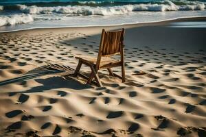 ein Stuhl sitzt auf das Sand in der Nähe von das Ozean. KI-generiert foto