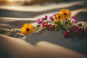 Blumen im das Sand beim Sonnenuntergang. KI-generiert foto