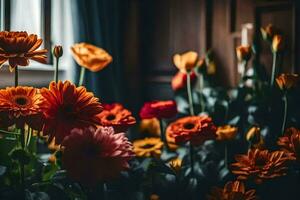 Blumen im ein Vase durch das Fenster. KI-generiert foto