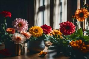 bunt Blumen im Vasen auf ein Fensterbrett. KI-generiert foto