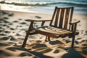 ein hölzern Stuhl sitzt auf das Sand in der Nähe von das Ozean. KI-generiert foto