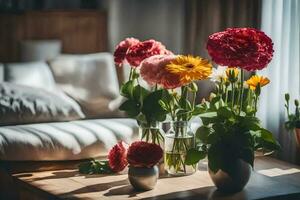 Blumen im Vasen auf ein Tabelle im Vorderseite von ein Couch. KI-generiert foto