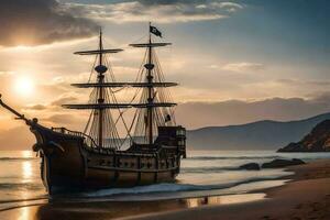 ein Pirat Schiff auf das Strand beim Sonnenuntergang. KI-generiert foto