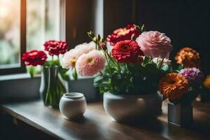 Blumen im Vasen auf ein Tabelle in der Nähe von ein Fenster. KI-generiert foto