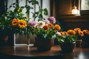 Blumen im Töpfe auf ein Tisch. KI-generiert foto