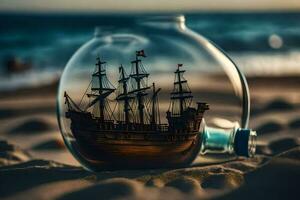 ein Schiff im ein Flasche auf das Strand. KI-generiert foto