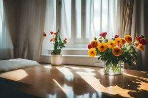 ein Vase von Blumen auf ein Tabelle im Vorderseite von ein Fenster. KI-generiert foto