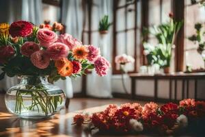 Blumen im ein Vase auf ein Tabelle im Vorderseite von Fenster. KI-generiert foto