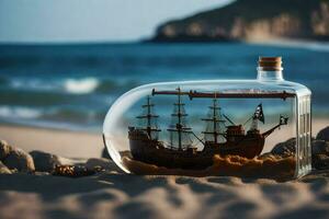 ein Schiff im ein Flasche auf das Strand. KI-generiert foto