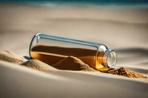 ein Flasche von Sand auf das Strand. KI-generiert foto