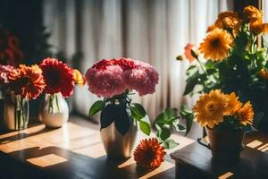 Blumen im Vasen auf ein Tisch. KI-generiert foto