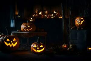 Halloween Kürbisse im ein dunkel Zimmer. KI-generiert foto