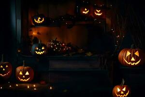 Halloween Kürbisse im das dunkel mit Kerzen. KI-generiert foto