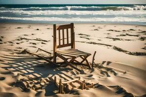ein Stuhl auf das Strand mit Sand und Wasser. KI-generiert foto