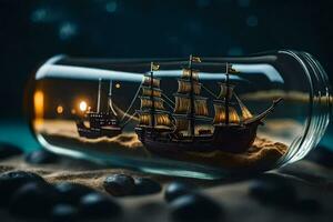 Schiff im ein Flasche, Sand, Felsen, Wasser, Nacht, hd Hintergrund. KI-generiert foto