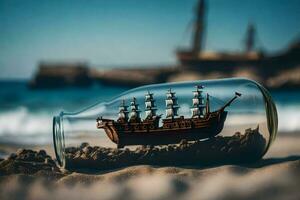 ein Schiff im ein Flasche auf das Strand. KI-generiert foto