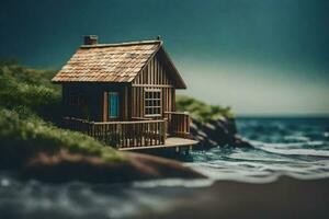 ein Miniatur Haus auf das Ufer von das Ozean. KI-generiert foto