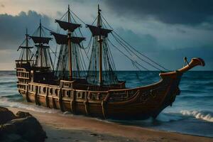 ein Pirat Schiff auf das Strand. KI-generiert foto