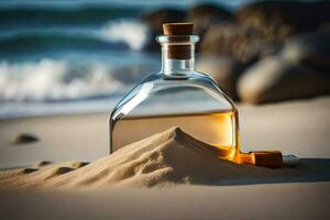 ein Flasche von Tequila auf das Strand. KI-generiert foto