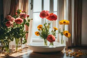 Blumen im ein Vase auf ein Tabelle in der Nähe von ein Fenster. KI-generiert foto