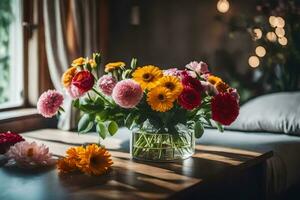 ein Vase von Blumen auf ein Tabelle im Vorderseite von ein Fenster. KI-generiert foto